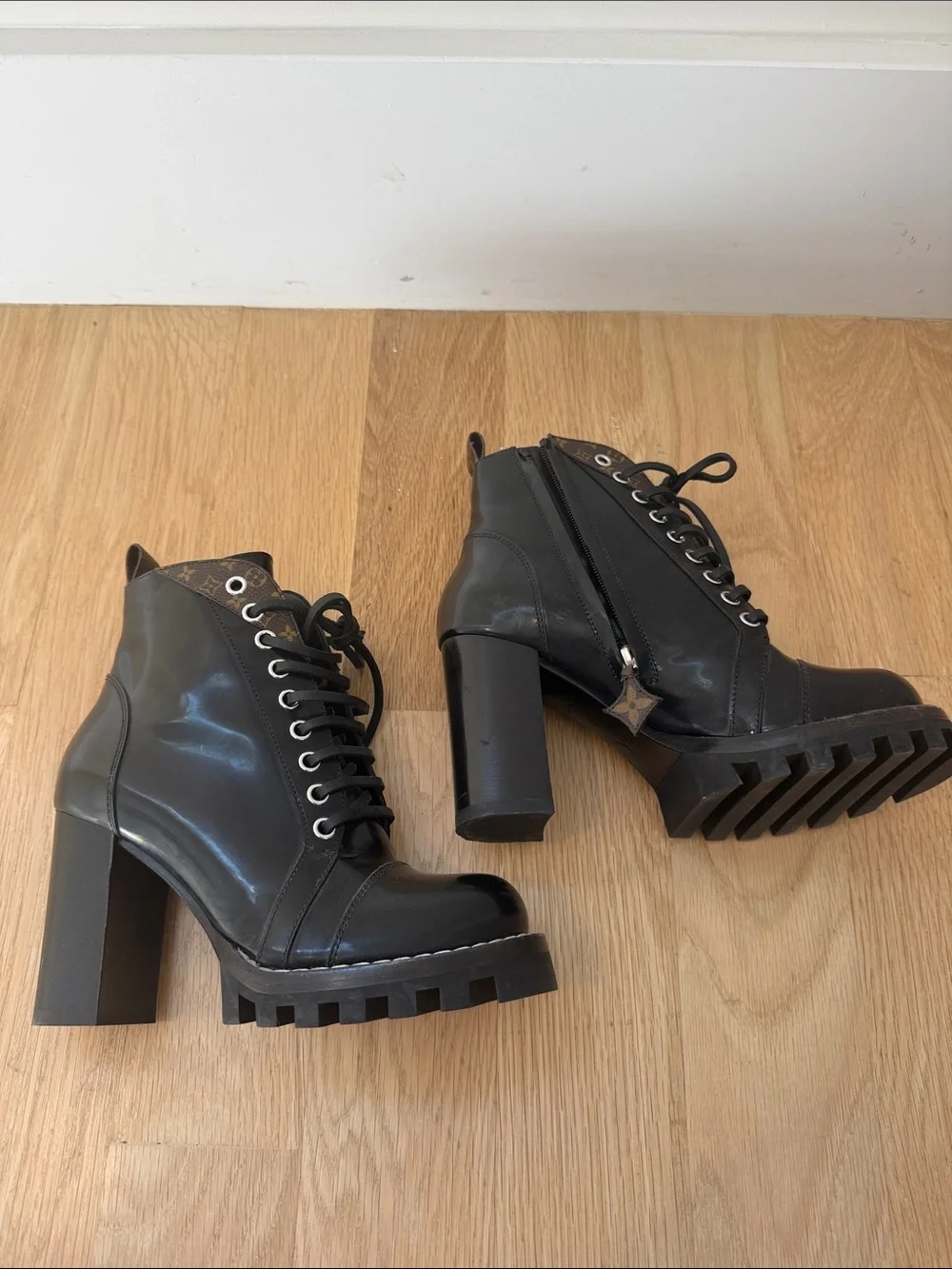 Louis Vuitton Black Leather Lace-Up Platform Booties with Monogram Trim